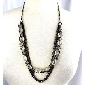 Grayling Necklace Antiqued Bronze Multi Chain Layered Clear Glass Beaded Bold